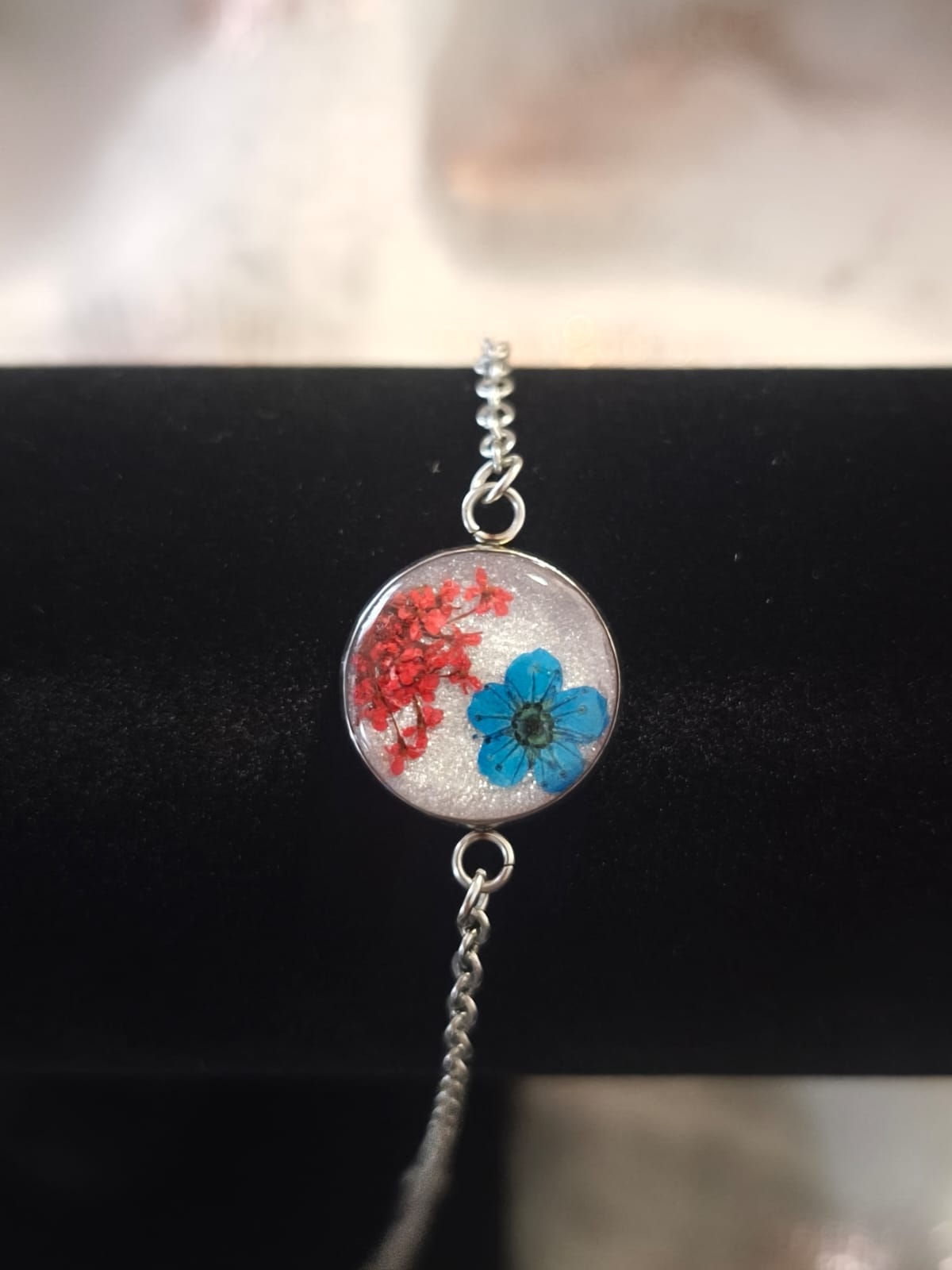 Bracelet argentée acier inoxydable floral bleu blanc rouge