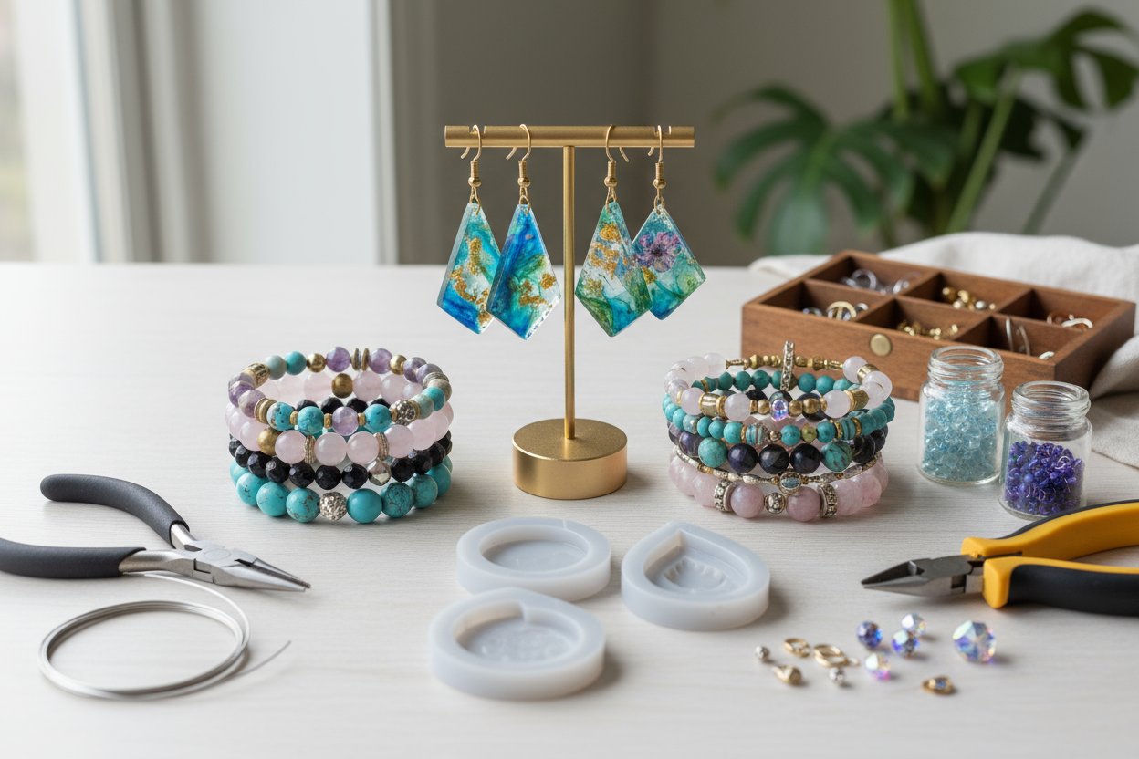 booucle d'oreille resine fais main bracelet de pierre naturel fais main et outil pour la confection des bijoux 